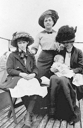 Sigrid och Iván med Isaacs lillasyster Bertha och en kvinnlig släkting - på  takterassen på Kornhamnsgatan ,1912.