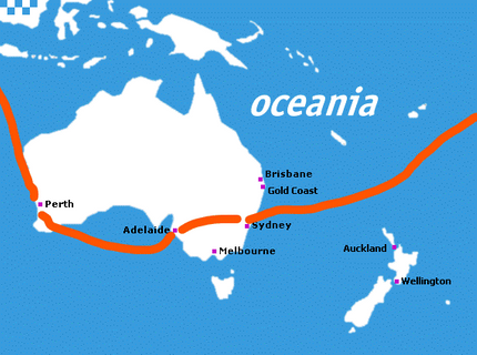 Från Fiji till Adelaide via Sydney. Och vidare till Singapore via Perth.