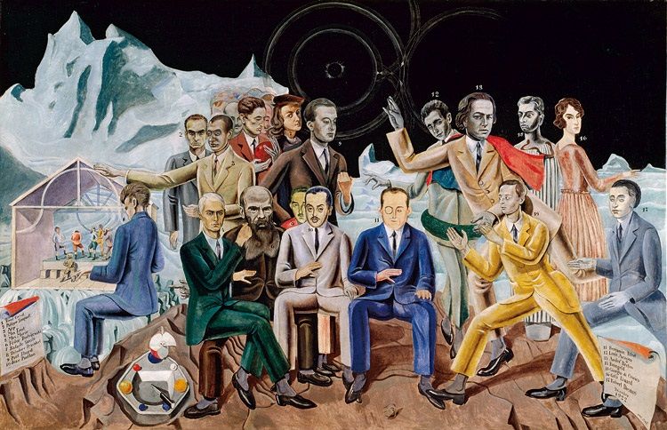 Redan 1922 fångade Max Ernst ursprunget till surrealisterna, som då stod i brytningstider från dadaisterna. Organiserad surrealism blev inte stadgad förrän 1924 i ett manifest av André Breton. Överst till höger känner vi igen några som då blev tongivande i den 