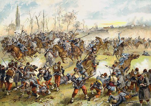 Folket i de har trakterna var hårt prövade av krigiska händelser. Bilden visar slaget vid Saint-Quentin i det fransk-tyska kriget 19 januari 1871. De beridna preussarna går till attack mot de franska infanteristerna.