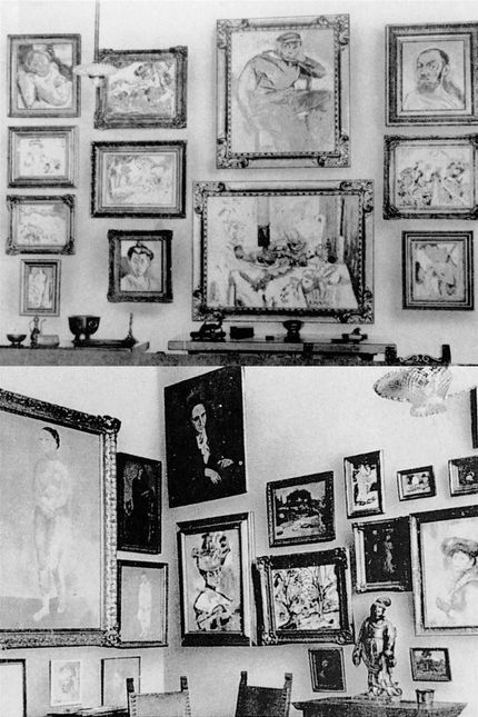 Vägg hos Leo och Gertrude Stein några år senare med många målningar av Matisse och Picasso.