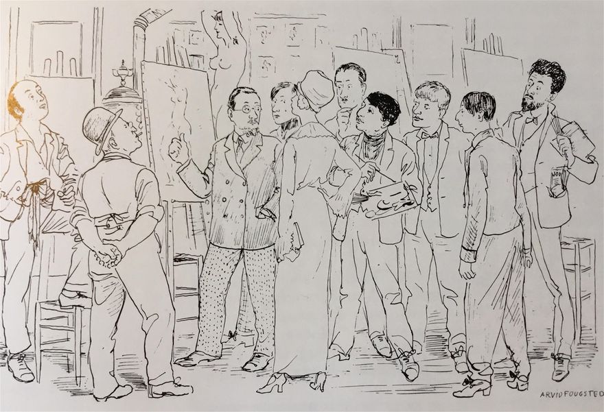 Matisse undervisar en grupp av sina elever. Från vänster Carl Palme, skolans massier, Matisse själv, Arthur C:son Percy, Sigrid Hjertén, Leander Engström, Isaac Grünewald, Einar Jolin, Per Krohg och Birger Simonsson.