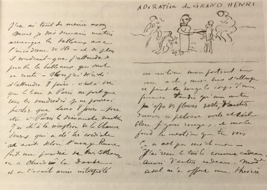 Matisse var nu ännu mer noggrann att berätta för sin hustru vad han hade varit med om. Med det här brevet fanns en skiss över den hyllning han fick på Balieffs cabaré.