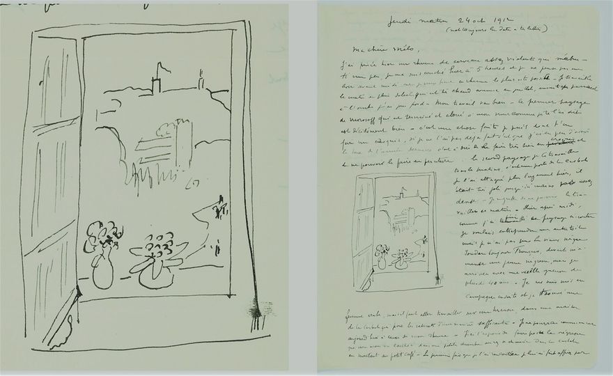 Ett brev från Matisse till hustrun Amélie - med en skiss från fönstret i rum 35 på Hotel Villa de France.