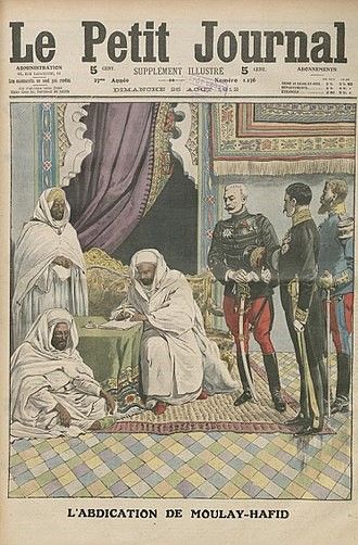 Sultanen av Marocko skriver under dokumentet, som gjorde Marocka till en fransk koloni.