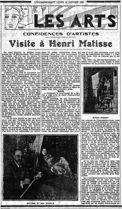 Artikel om Matisse i L’Intensigeant januari 1929.