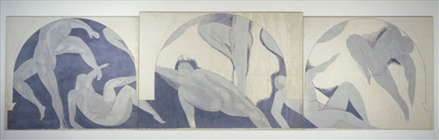 ”Dansen, den ofullbordade” - kallas denna första version, som Matisse gjorde på traditionellt sätt med penslar och färg, innan han började tillämpa sin collage-metod med färgade pappersark (