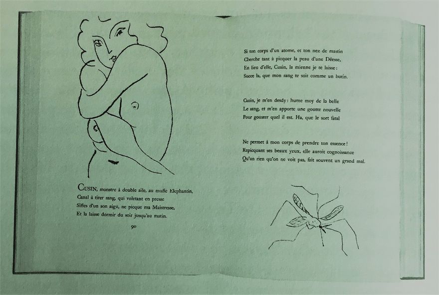 Ett uppslag ur den blivande boken med kärleksddikter av Ronsard (Florilège des Amours de Ronsard).
