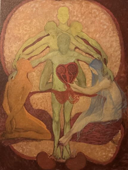 Figurmålningar nr 4. Serie WU/Rosen, Grupp III, 1907. De fyra inre organen hänför sig till dygder: Lever för vishet, Hjärta för kärlek, Njure för renhet och Lunga för tro.