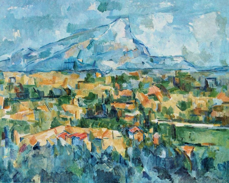 Bilden visar en av de otal målningarna som Cézanne gjorde av berget Montagne Sainte-Victoire i närheten av hans hemstad Aix-en-Provence. Här ser man också det klara sambandet med den kubistiska rörelsen som Picasso startade.