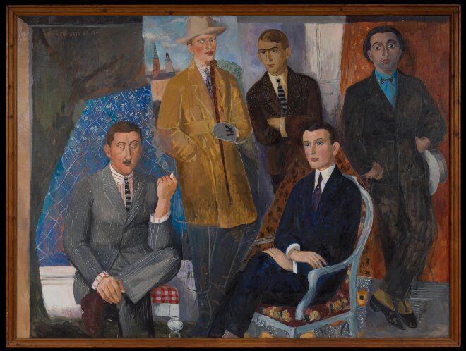 Arvid Fougstedt har avbildat den svenska konstnärseliten 1920. Från vänster: Leander Engström, Einar Jolin, Otte Sköld, Nils von Dardel och Isaac Grünewald (Nationalmuseum).