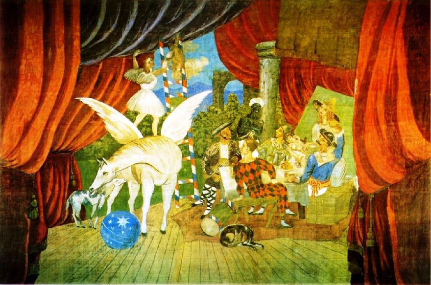 Picasso avbildar en scen ur baletten Parade för Ballet Russes, 1917. Här höjer Picasso ribban för vad som är möjligt med den modernistiska konsten.