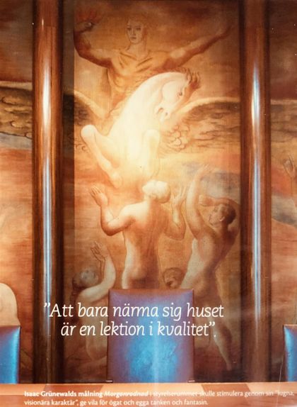 Mittenpartiet i den arton meter långa målningen Morgonrodnad  föreställer Prometeus, som rider genom regnbågen på en bevingad häst. Framför står Ivan Kreugers stol, som har en högre rygg än de andra stolarna vid sidan av.