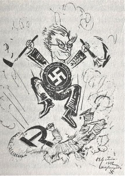 Isaacs antagonist Ossian Elgström börjar återigen göra sin stämma hörd. Här med ett nazistiskt självporträtt i  Söndagsnisse - Strix 1932.