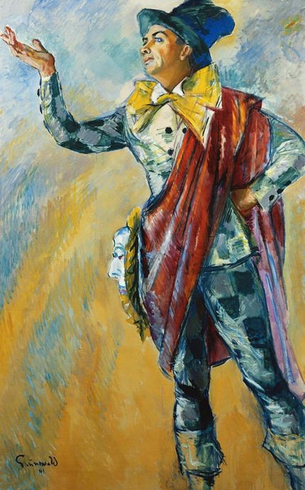 Estradören och revyartisten Karl Gerard kunde också ses på Liljekonvaljfester.  Målningen  ”Karl Gerhard  som histrionen Thespris” är gjord av Isaac Grunewald 1941.