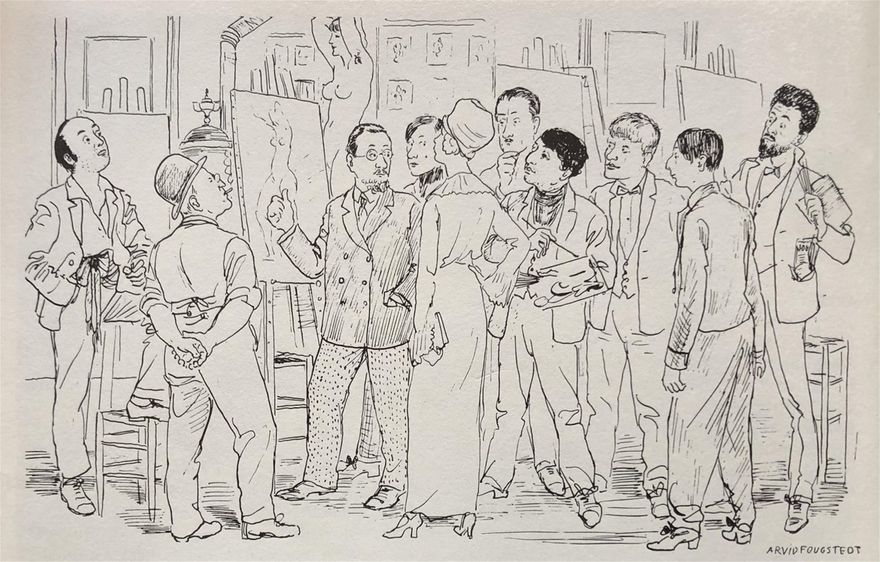 Matisse undervisar en grupp av sina elever. Från vänster Carl Palme, skolans massier, Matisse själv, Arthur C:son Percy, Sigrid Hjertén, Leander Engström, Isaac Grünewald, Einar Jolin, Per Krohg och Birger Simonsson. En tecknad resumé av Arvid Fougstedt 1910.