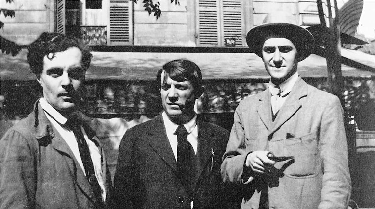 Modigliani, Picasso and André Salmon framför Café de la Rotonde av Jean Cocteau, 1916 (bilden är beskuren nertill).