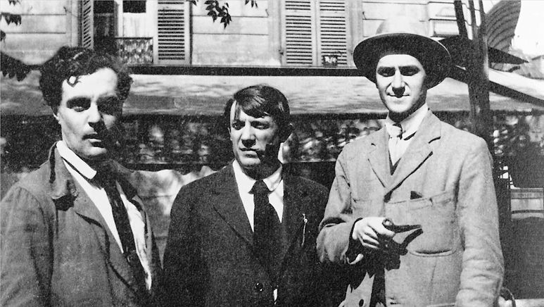 Modigliani, Picasso and André Salmon framför Café de la Rotonde av Jean Cocteau, 1916 (bilden är beskuren nertill).